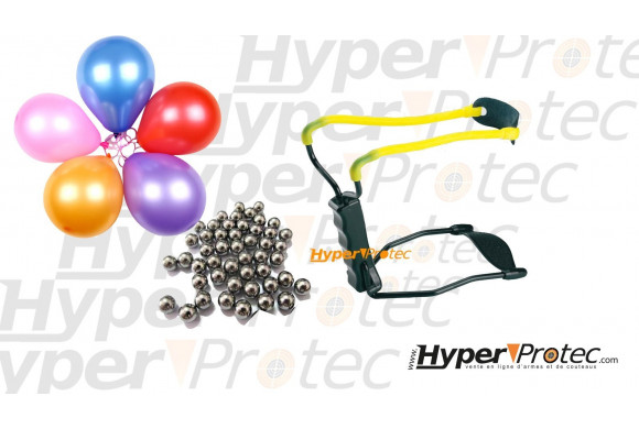 Pack Lance pierre fronde noir avec repose poignet, 30 billes et 100 ballons